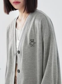 DAZY Cartoon Graphic Drop Shoulder Button Up Sweatshirt - Grey - View 3