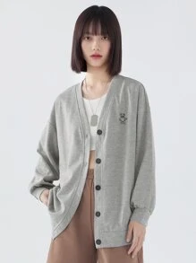 DAZY Cartoon Graphic Drop Shoulder Button Up Sweatshirt - Grey - View 4