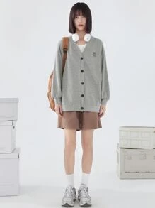 DAZY Cartoon Graphic Drop Shoulder Button Up Sweatshirt - Grey - View 6