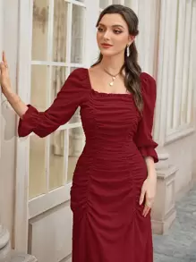 Modelyn Swiss Dot Flounce Sleeve Ruched Frilled Dress - Red - View 6