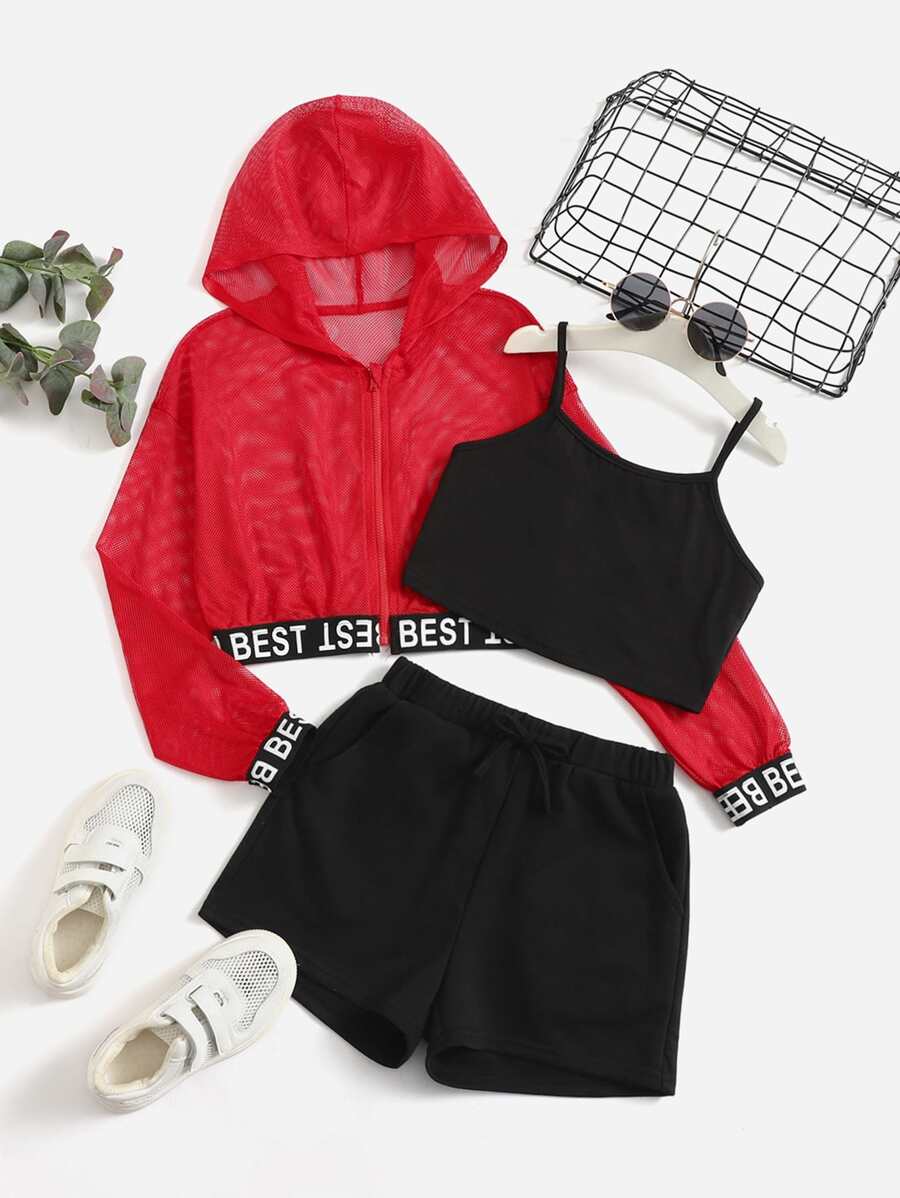 SHEIN EZwear Cazadora con cinta con letra de malla & Top de tirantes con Shorts de cintura con cordón - Multicolor - Ver 1
