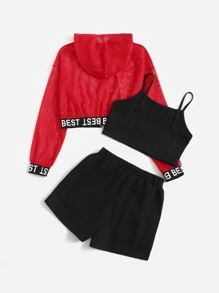 SHEIN EZwear Cazadora con cinta con letra de malla & Top de tirantes con Shorts de cintura con cordón - Multicolor - Ver 2