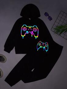 SHEIN Leap Crew Boys Reflective Cartoon Graphic Hoodie & Joggers Set - Black - View 1