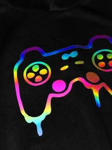 SHEIN Leap Crew Boys Reflective Cartoon Graphic Hoodie & Joggers Set - Black - View 3