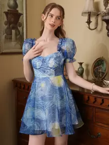 SHEIN MOD Allover Print Puff Sleeve A-line Dress - Multicolor - View 6