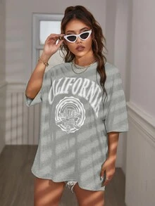SHEIN Unity 字母圖案落肩T恤 - 淺灰色 - 查看 3