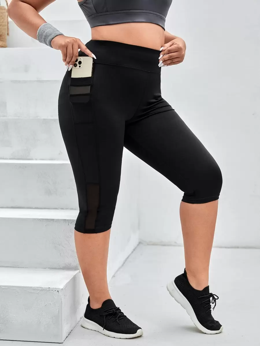 Easithlete Plus Mesh Insert Capri Sports Leggings With Phone Pocket - Black - View 1