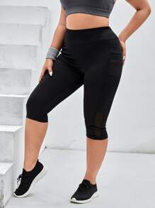 Easithlete Plus Mesh Insert Capri Sports Leggings With Phone Pocket - Black - View 4