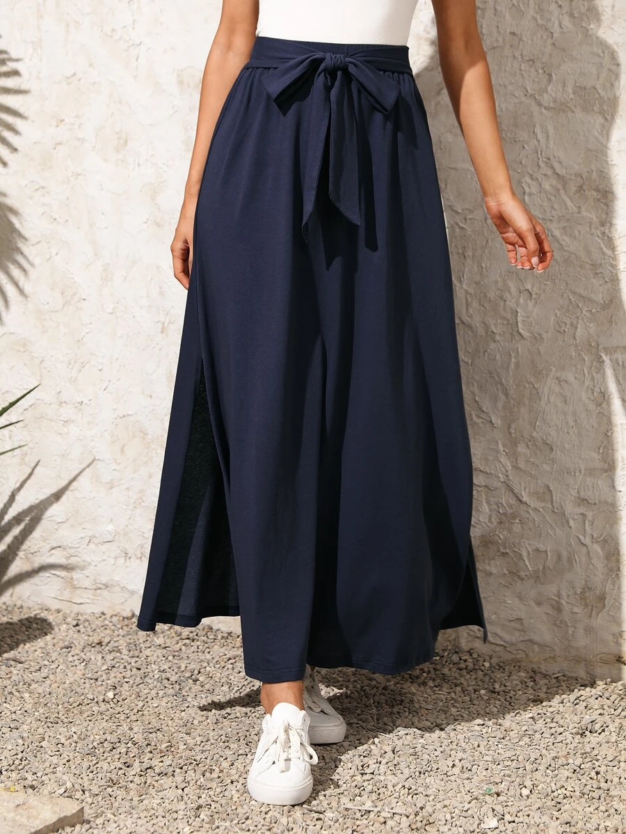 EMERY ROSE Falda unicolor con cinturón - Azul Marino - Ver 1