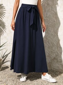 EMERY ROSE Falda unicolor con cinturón - Azul Marino - Ver 3