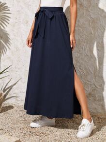 EMERY ROSE Falda unicolor con cinturón - Azul Marino - Ver 4