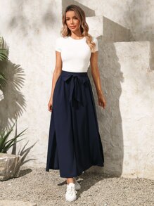 EMERY ROSE Falda unicolor con cinturón - Azul Marino - Ver 5