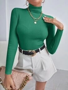 INAWLY Suéter de cuello alto de punto acanalado, Top de manga larga - Verde - Ver 4