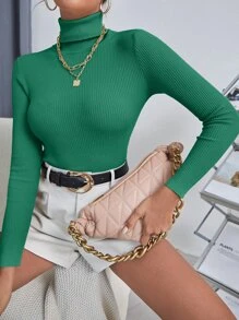 INAWLY Suéter de cuello alto de punto acanalado, Top de manga larga - Verde - Ver 6