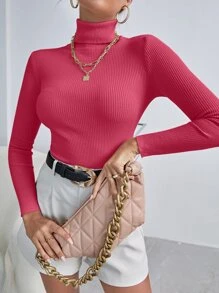 INAWLY Solid High Neck Rib Knit Jumper - Hot Pink - View 4