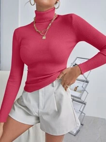 INAWLY Solid High Neck Rib Knit Jumper - Hot Pink - View 5