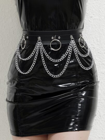 1pc Sexy Women's Double Layer Chain Belt, Black PU Leather Harness Waist Chain With Rivet Buckle, Multi-Layer Chain Accessory For Dress, Music Festival Outfit, Daily Wear