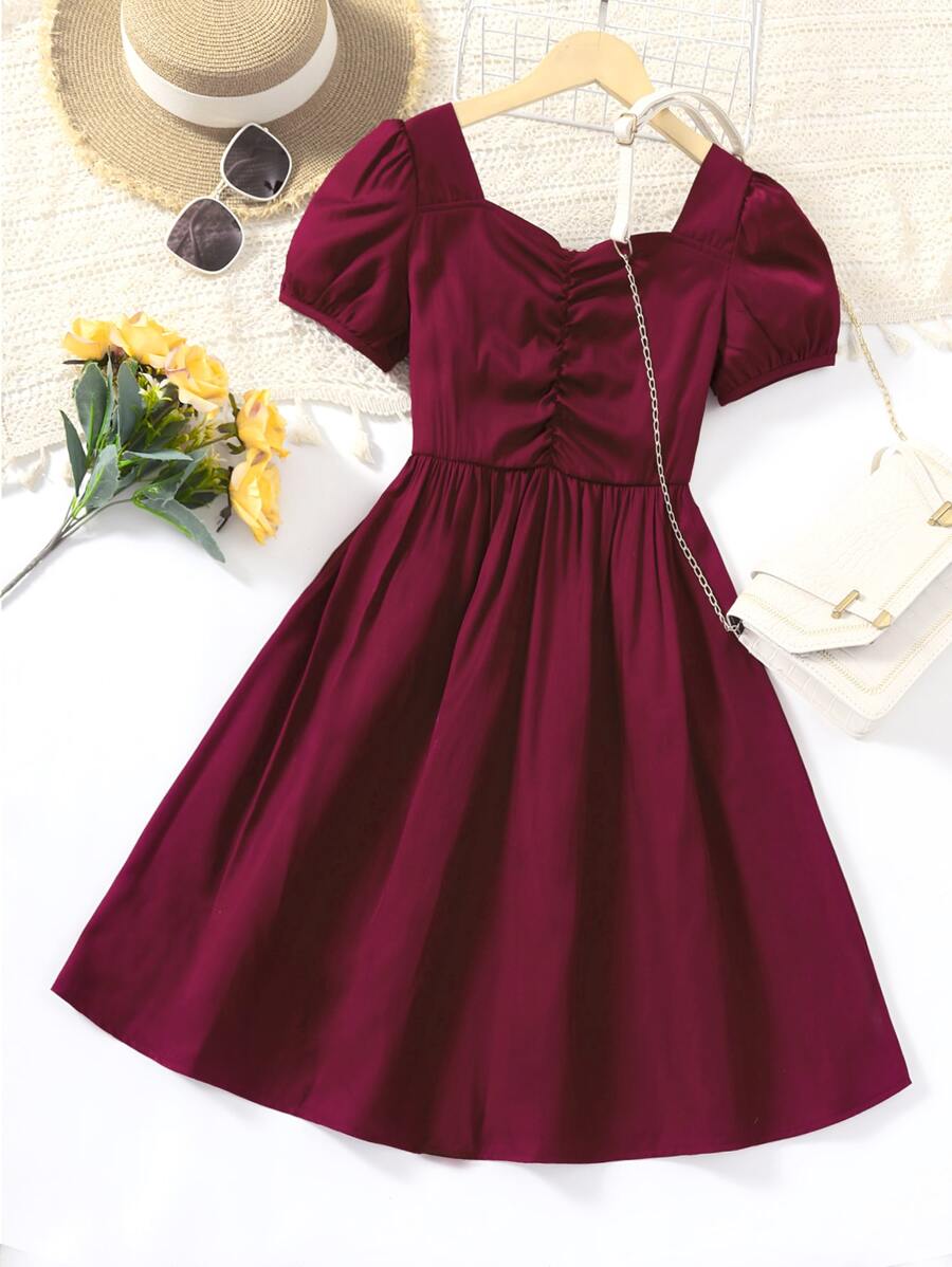 SHEIN 女孩泡泡袖褶邊A字連衣裙 - 酒紅色 - 查看 1