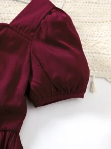 SHEIN 女孩泡泡袖褶邊A字連衣裙 - 酒紅色 - 查看 3