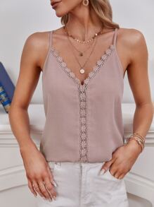 SHEIN Frenchy Guipure Lace Trim Cami Top Summer Elegant Pink - Dusty Pink - View 1