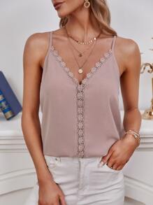 SHEIN Frenchy Guipure Lace Trim Cami Top Summer Elegant Pink - Dusty Pink - View 3