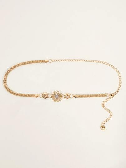 水鑽花朵裝飾鏈條腰帶