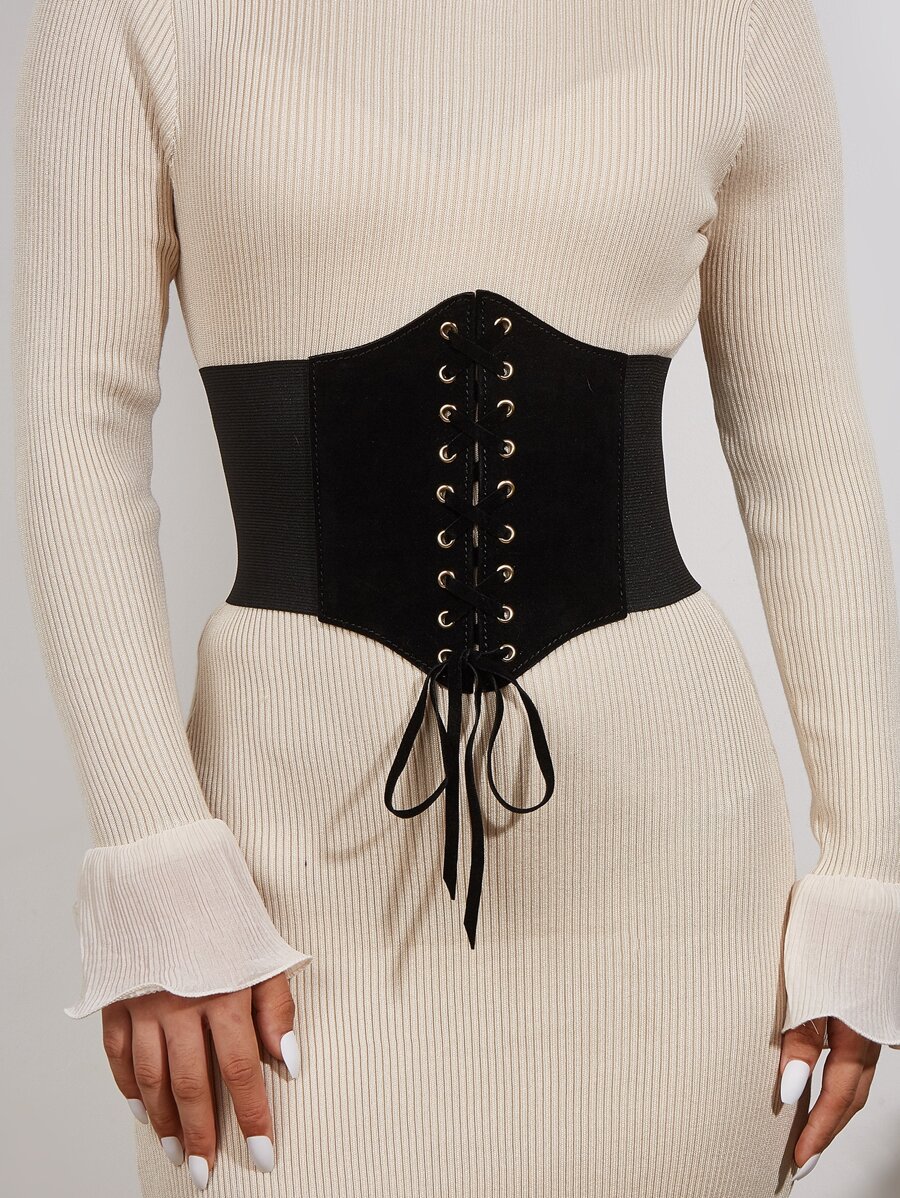 Đai corset phía trước có ren - màu đen - Xem 1