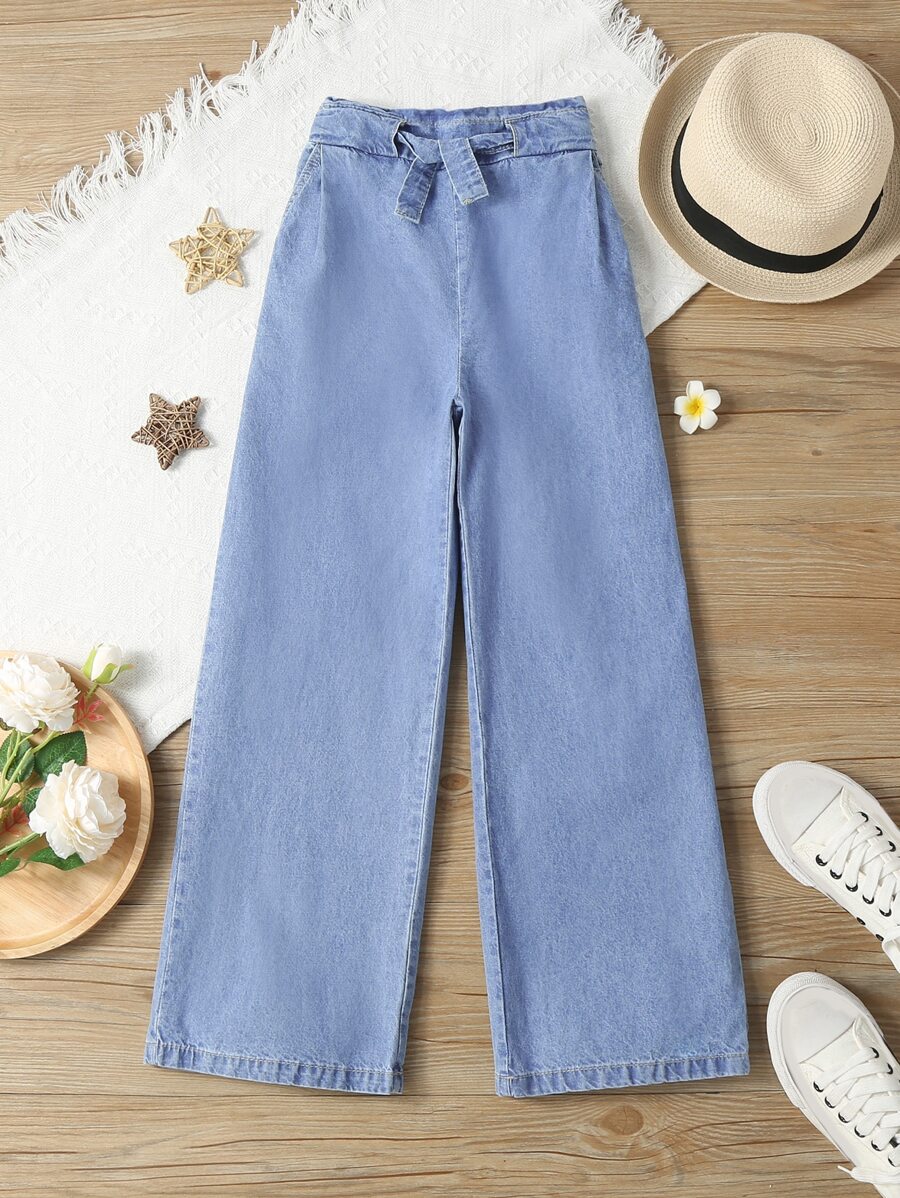 Girls Paperbag Waist Knot Front Wide Leg Jeans - Medium Wash - View 1