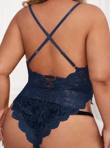 Classic Sexy Plus Floral Lace Scallop Trim Cross Back Teddy Bodysuit - Navy Blue - View 2