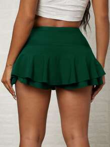 SHEIN EZwear Women's Solid Color Elastic Waist Ruffle Hem Casual Culottes - Dark Green - View 2