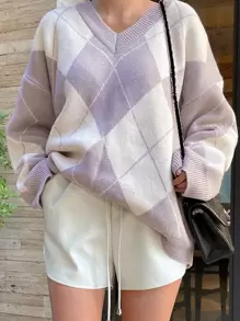 DAZY Argyle Pattern Drop Shoulder Sweater - Multicolor - View 1