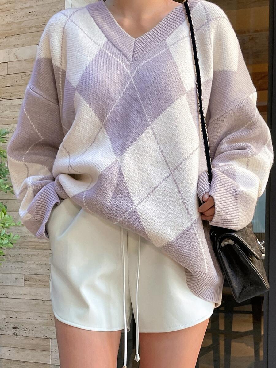 DAZY Argyle Pattern Drop Shoulder Sweater - Multicolor - View 1