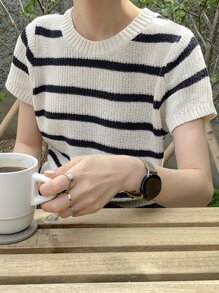 DAZY 條紋圖案針織上衣 - 黑色 - 查看 1