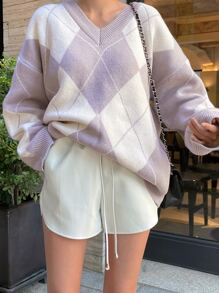 DAZY Argyle Pattern Drop Shoulder Sweater - Multicolor - View 4