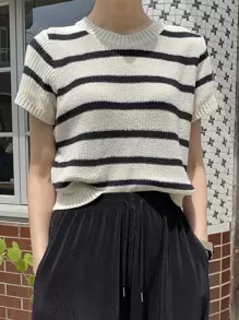 DAZY 條紋圖案針織上衣 - 黑色 - 查看 3