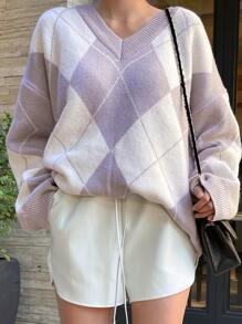 DAZY Argyle Pattern Drop Shoulder Sweater - Multicolor - View 6