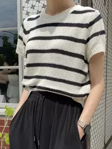 DAZY 條紋圖案針織上衣 - 黑色 - 查看 6