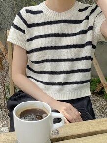 DAZY 條紋圖案針織上衣 - 黑色 - 查看 8