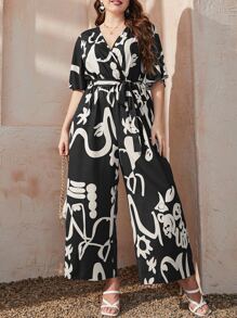 Mulvari Plus Graphic Print Butterfly Sleeve Wide Leg Belted Jumpsuit - Black and White - View 1