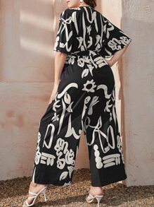 Mulvari Plus Graphic Print Butterfly Sleeve Wide Leg Belted Jumpsuit - Black and White - View 2