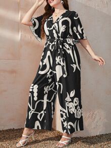 Mulvari Plus Graphic Print Butterfly Sleeve Wide Leg Belted Jumpsuit - Black and White - View 3