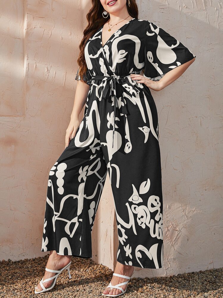 Mulvari Plus Graphic Print Butterfly Sleeve Wide Leg Belted Jumpsuit - Black and White - View 5