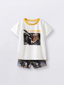 小男童標語和圖形圖案T恤和短褲 - 黑與白 - 查看 1