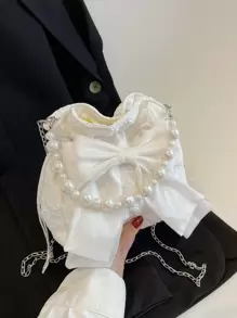 迷你人造珍珠和蝴蝶結裝飾紋理質感鏈條水桶包 - 白色 - 查看 1