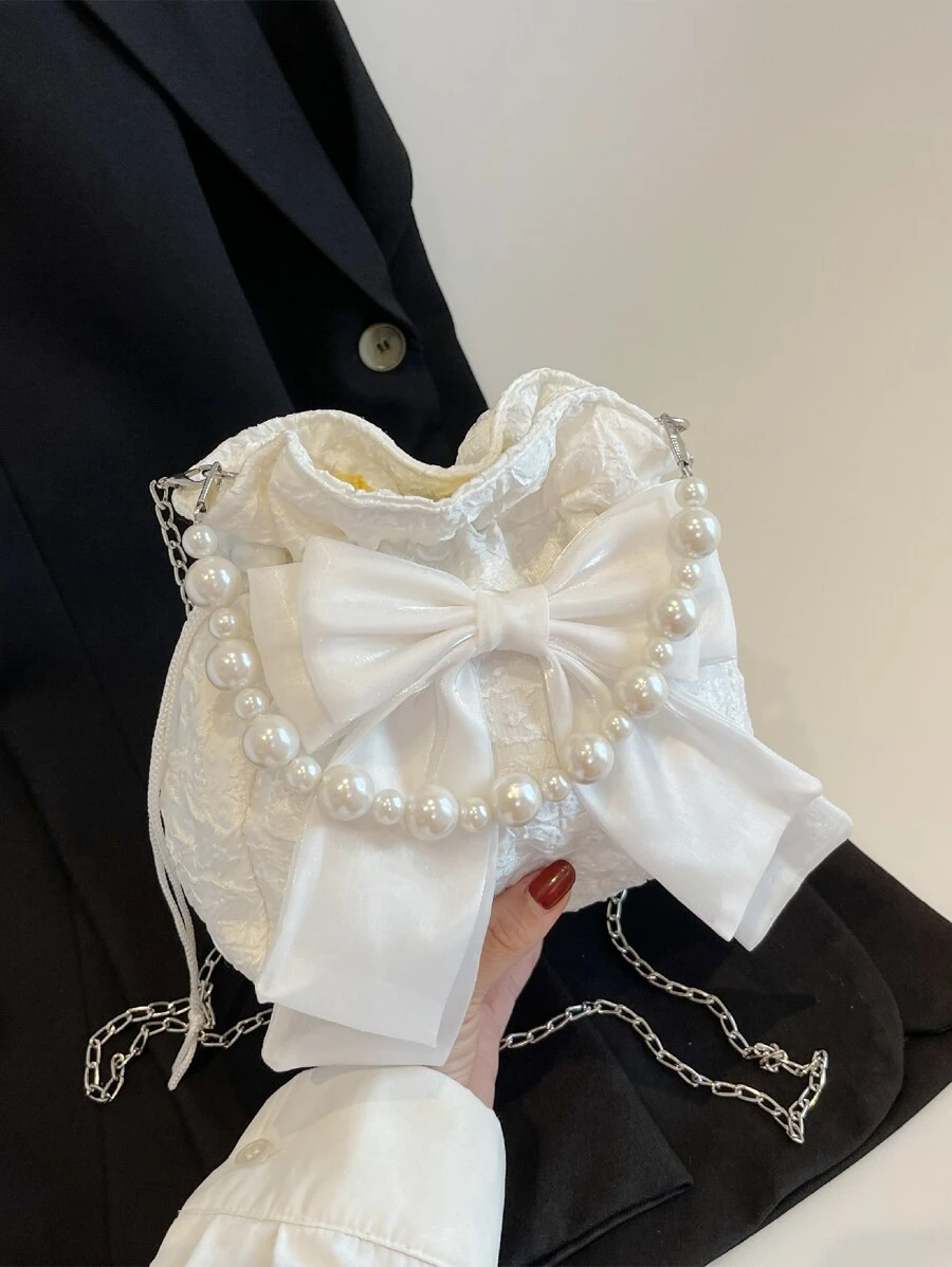 迷你人造珍珠和蝴蝶結裝飾紋理質感鏈條水桶包 - 白色 - 查看 1