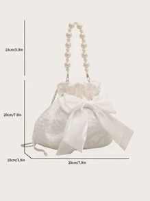迷你人造珍珠和蝴蝶結裝飾紋理質感鏈條水桶包 - 白色 - 查看 3
