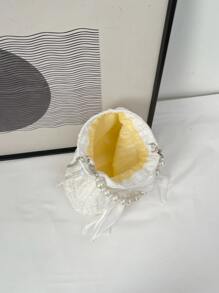 迷你人造珍珠和蝴蝶結裝飾紋理質感鏈條水桶包 - 白色 - 查看 4