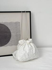 迷你人造珍珠和蝴蝶結裝飾紋理質感鏈條水桶包 - 白色 - 查看 5