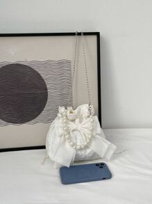 迷你人造珍珠和蝴蝶結裝飾紋理質感鏈條水桶包 - 白色 - 查看 6
