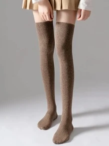 Solid Over The Knee Socks - Coffee Brown - View 2